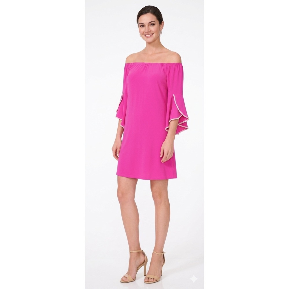 MSK Womens Pink Off The Shoulder Rhinestone Trim Bell Sleeve Shift Dress Small